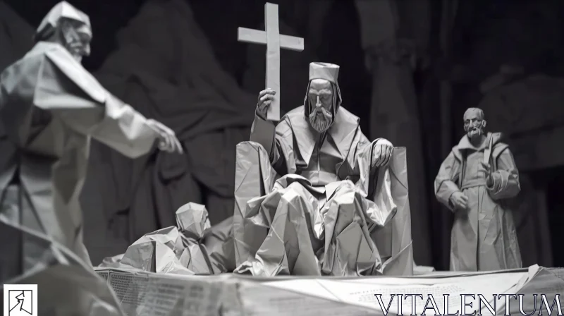 Intricate Paper Sculpture of Pope and Cardinals | Black and White Art AI Image