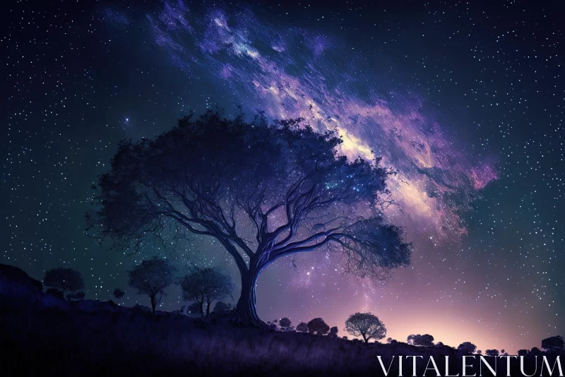 Majestic Tree Against a Starry Night Sky - Dreamy and Romantic Landscape Photography AI Image