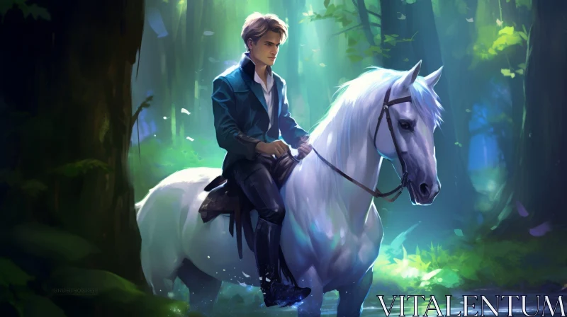 Man Riding White Horse in Forest - Digital Painting AI Image