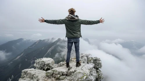Man Standing on Mountaintop with Scenic View