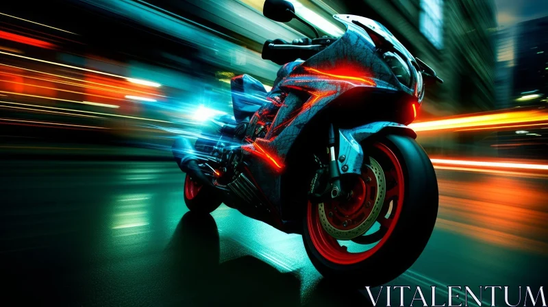AI ART Night Cityscape: Fast Black and Red Sport Motorcycle in Motion
