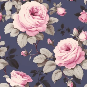 Pink Roses on Dark Blue Seamless Pattern