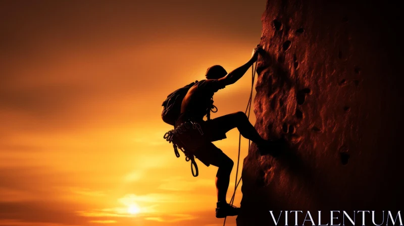Rock Climber Silhouette on Cliff at Sunset AI Image