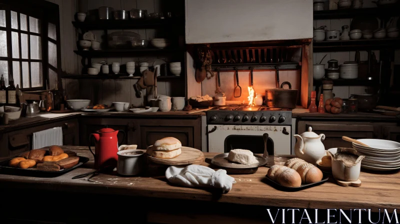 Rustic Kitchen Scene with Soft Lighting AI Image
