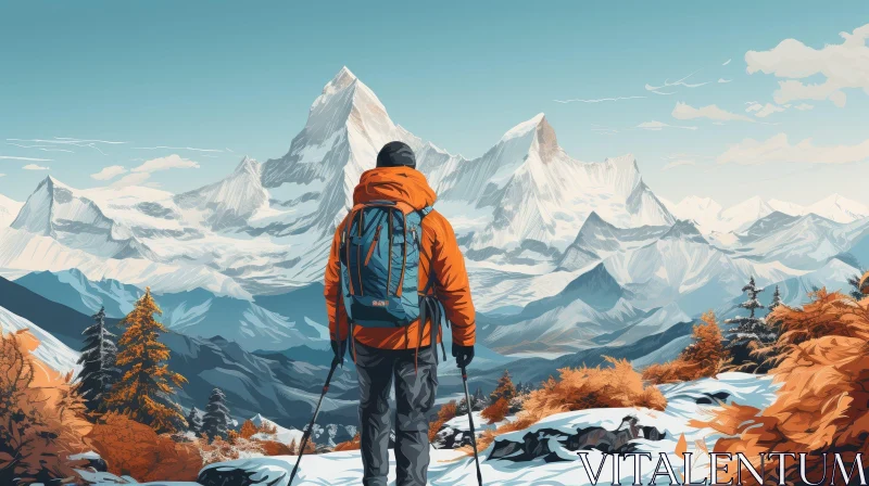AI ART Snowy Mountaintop Hiker Landscape