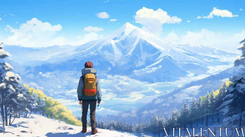 Snowy Mountaintop Hiker AI Image