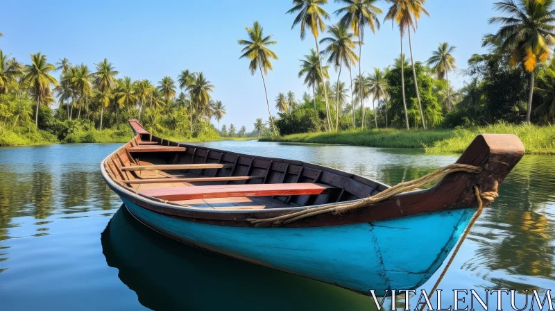 AI ART Tranquil River Scene with Blue Wooden Boat