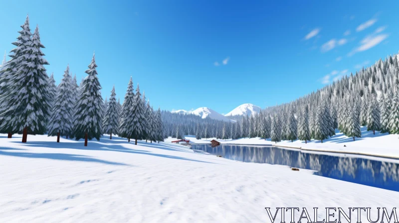 Winter Landscape with Frozen Lake and Red Cabin AI Image
