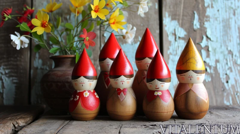 Wooden Kokeshi Dolls on a Table with Flowers AI Image
