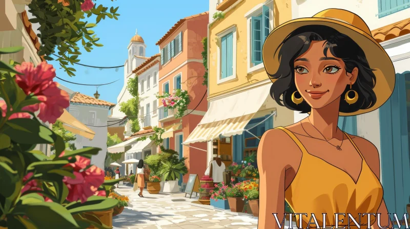 Captivating Mediterranean Town Street Scene with a Young Woman AI Image