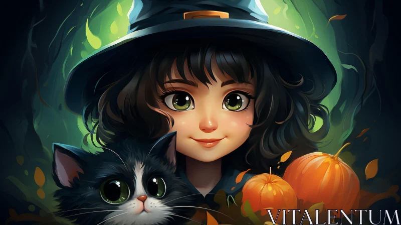 Charming Cartoon Portrait of a Girl and a Cat AI Image