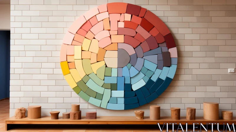 Circular Wood Mosaic Art on Brick Wall AI Image