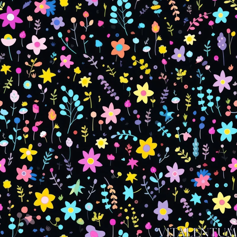 Colorful Flowers and Leaves Pattern on Black Background AI Image