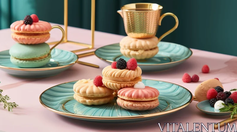 Colorful Macarons with Fresh Berries on Plate AI Image