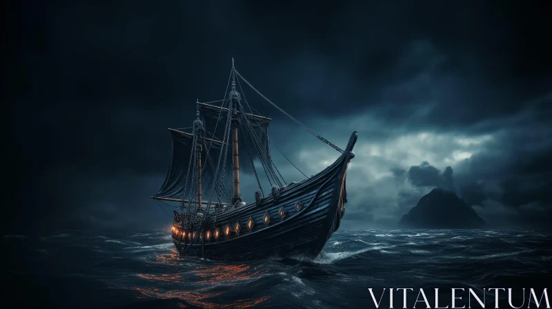 Dark Stormy Night Ship Sailing Mystery AI Image