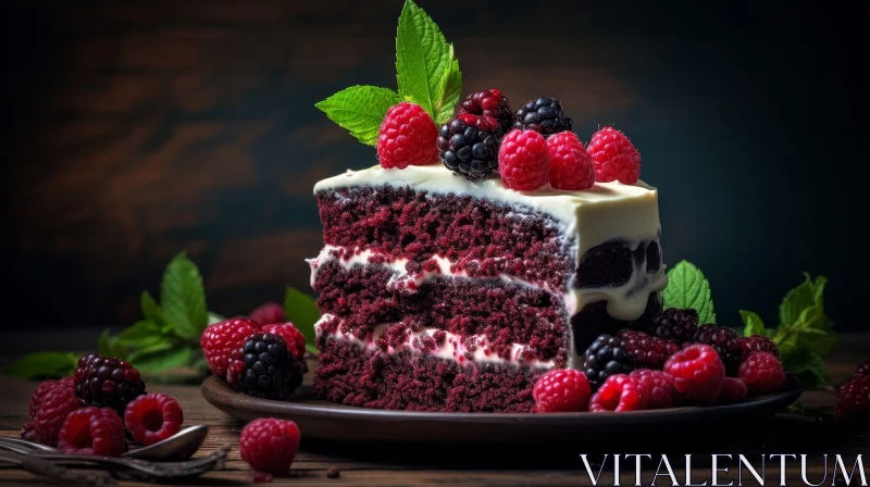 Delicious Red Velvet Cake with Berries and Mint Leaves AI Image