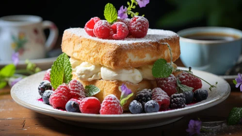 Delicious Sponge Cake with Cream and Berries on White Plate
