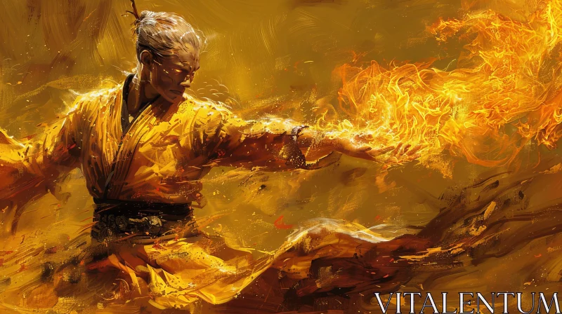 Enigmatic Man in Yellow Robe Surrounded by Fire AI Image
