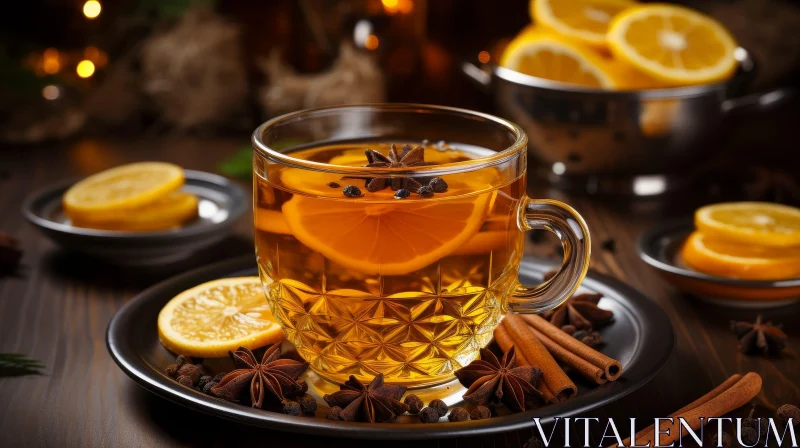Hot Tea with Lemon and Spices on Dark Wooden Table AI Image