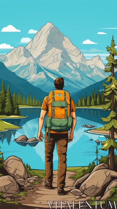 Man at Mountain Lake - Nature Cartoon Image AI Image