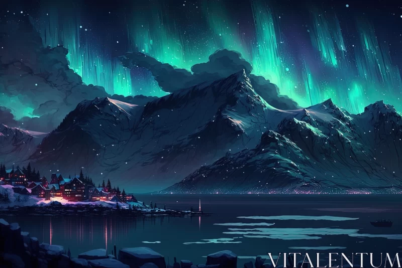 Mesmerizing Aurora Lights on Snow-Covered Mountains AI Image