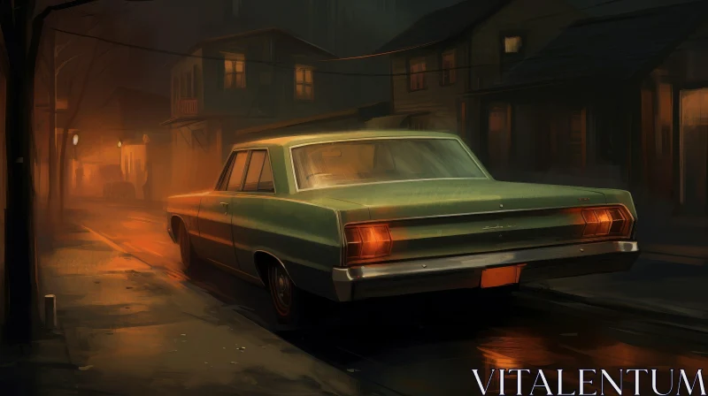 Mysterious Night Scene with Classic Green Car AI Image