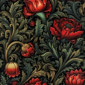 Seamless Floral Pattern with Red Poppies and Green Leaves
