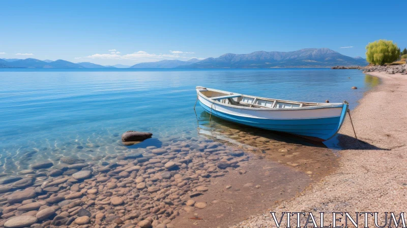 Tranquil Lake Scene with Wooden Boat AI Image