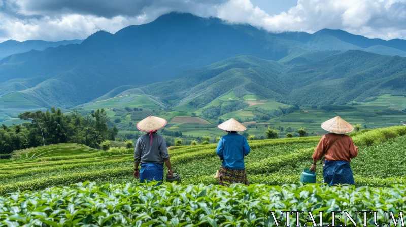 Vietnamese Women in Traditional Hats Walking in Tea Plantation AI Image
