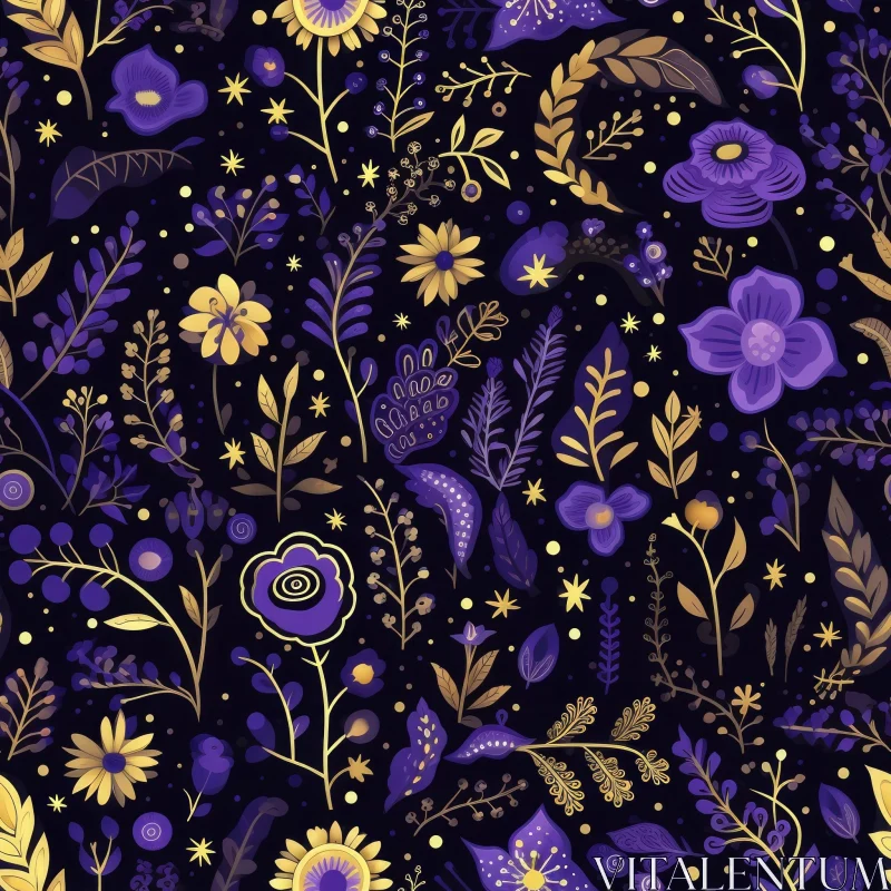 Vintage Purple and Gold Floral Pattern on Dark Blue Background AI Image