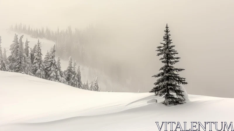 Winter Landscape: Peaceful Pine Tree in Snowy Serenity AI Image