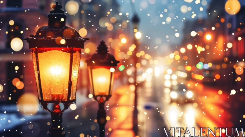 Winter Street Scene with Snow-Covered Lantern and City Lights AI Image