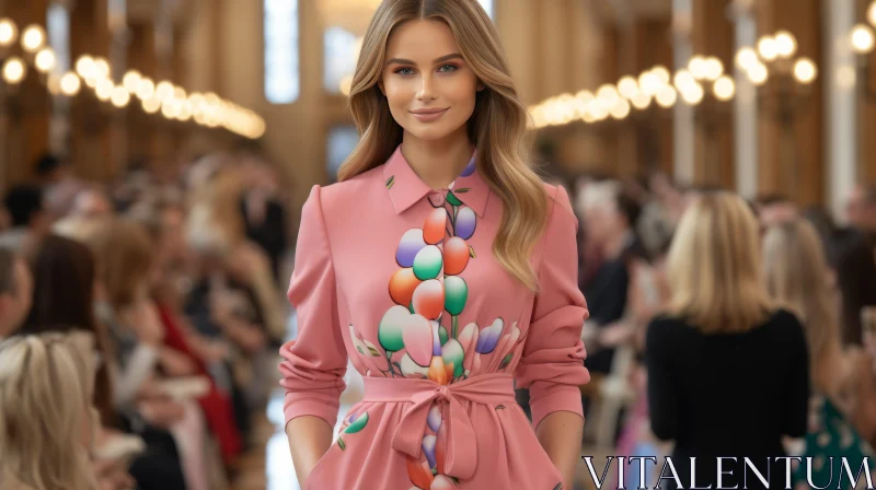 Woman in Luxurious Pink Dress at Fashion Runway AI Image