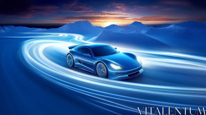 Blue Sports Car in Snowy Mountain Landscape AI Image