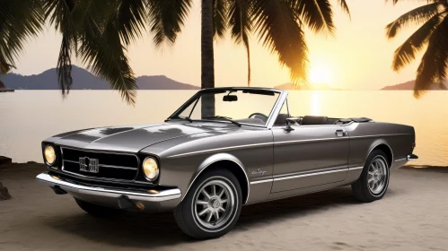 Classic Ford Mustang Convertible on Beach at Sunset