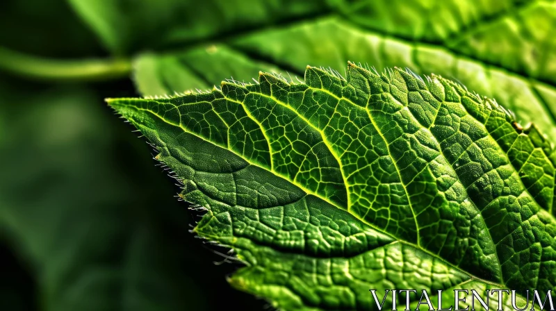 Close-up of a Backlit Green Leaf with Serrated Edges AI Image