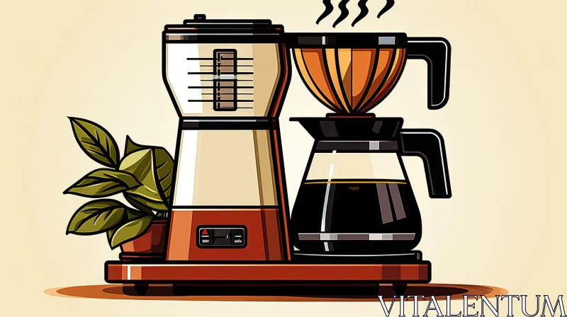 Coffee Maker Digital Illustration with Steam and Plant AI Image