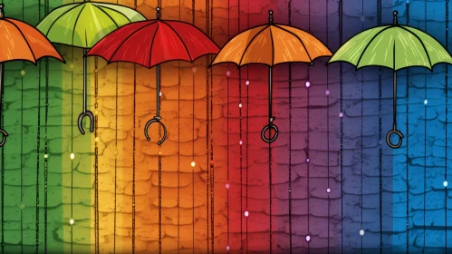 Colorful Umbrellas on Brick Wall - Digital Painting