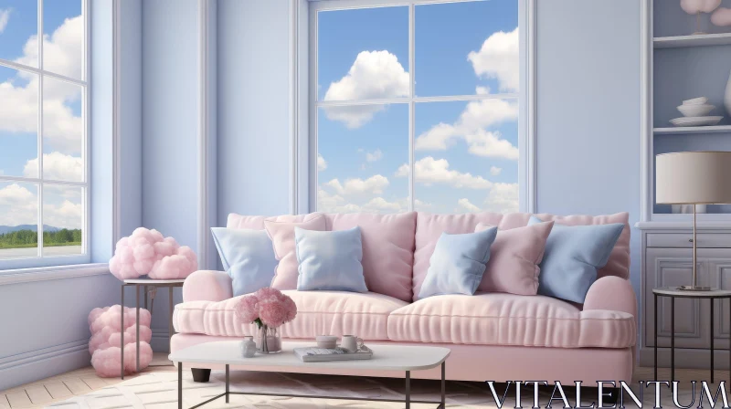 Cozy Pastel Living Room with Pink Sofa AI Image