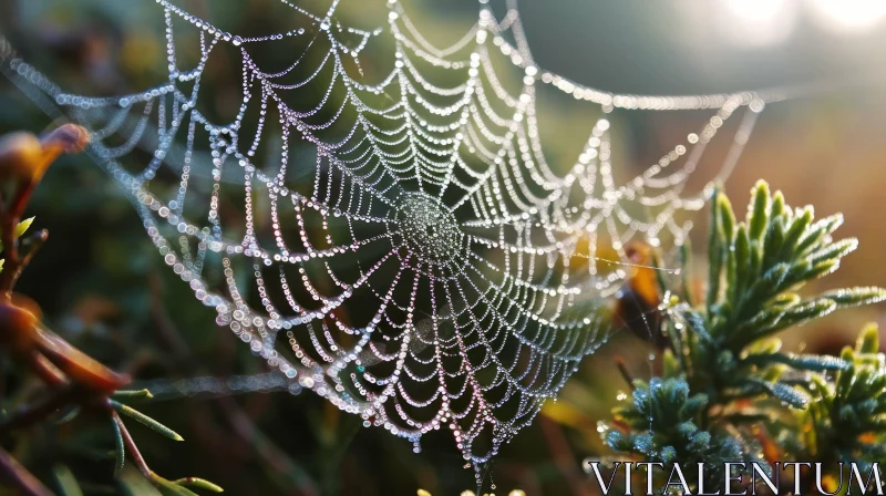 Delicate Spider Web Covered in Morning Dew | Sparkling Dewdrops AI Image