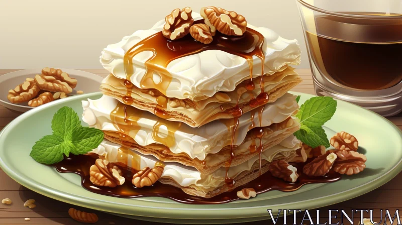 Delicious Mille-Feuille Pastry Dessert with Walnuts and Honey AI Image