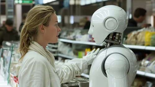 Enchanting Encounter in a Grocery Store: Woman and Robot