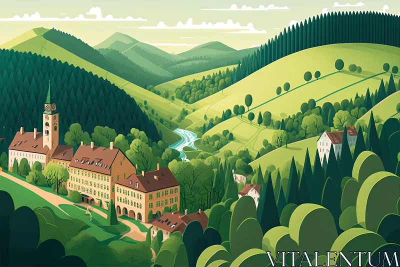 Enchanting Forest Town Illustration | Swiss Style | Heidelberg School AI Image