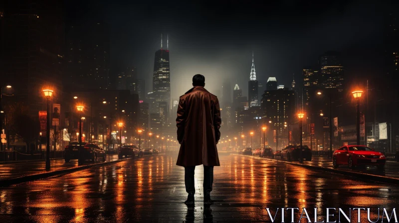 Enigmatic Night Scene: Lone Man in Rainy City Street AI Image
