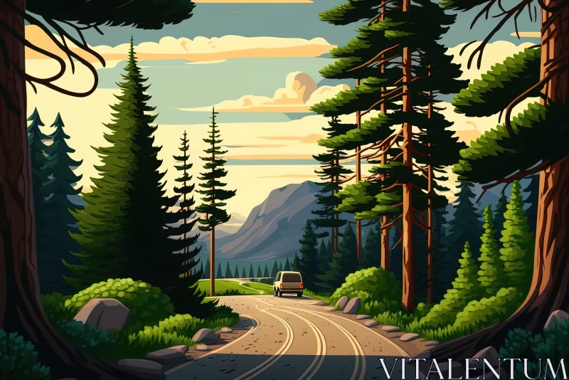 Lush Forest Landscape: Detailed Vector Illustration of a Car in the Wild AI Image