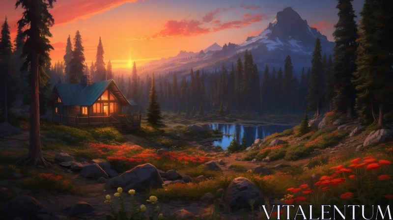 Mountain Cabin Sunset Serenity AI Image