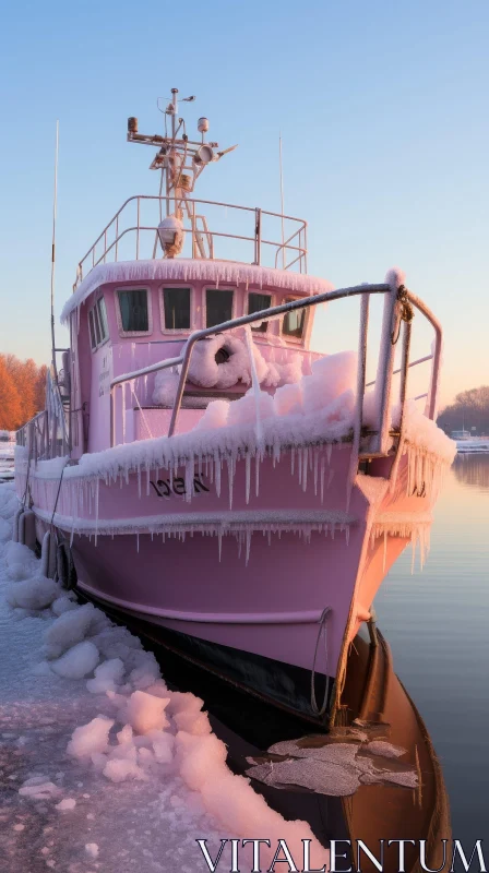 Pink Boat in Snowy Harbor AI Image