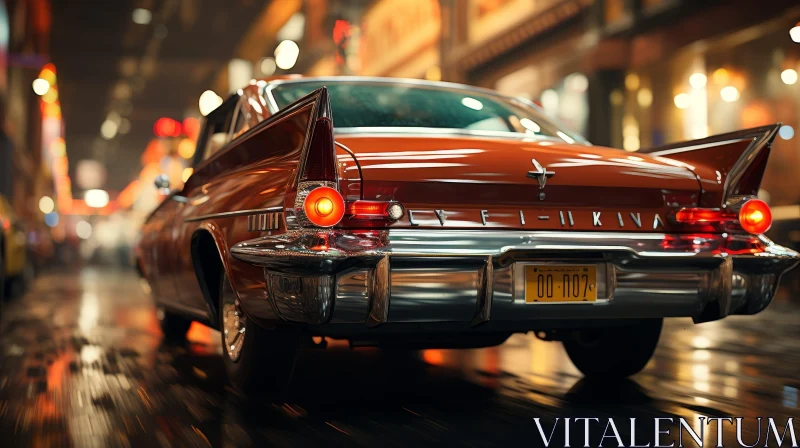 AI ART Red Vintage Car Night Drive Urban City Scene