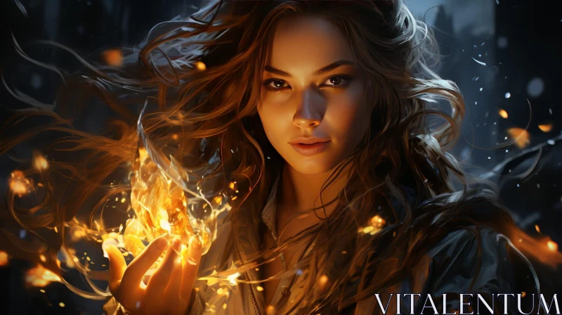 Serious Woman Portrait with Fire Element AI Image
