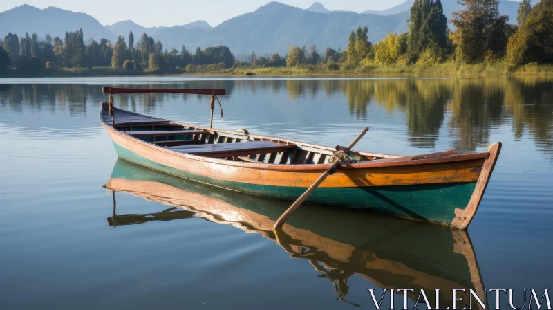Tranquil Lake Scene with Wooden Boat AI Image